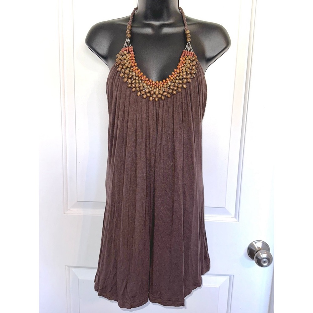 Vanity Brown Halter Top with Beaded Neckline